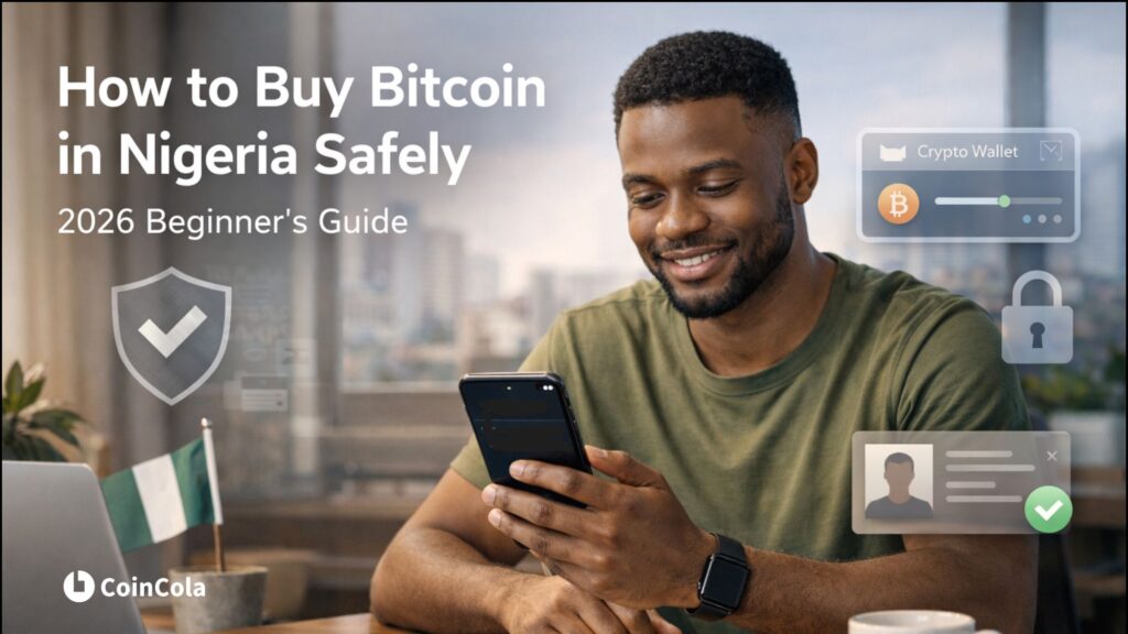 Young Nigerian adult using a smartphone to buy Bitcoin in Nigeria safely, with digital finance and security elements in a modern fintech setting.