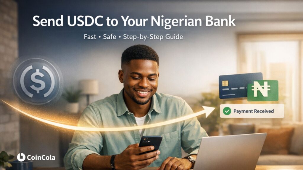 Nigerian user transferring USDC cryptocurrency to a local bank account with naira payment confirmation in a modern fintech setting