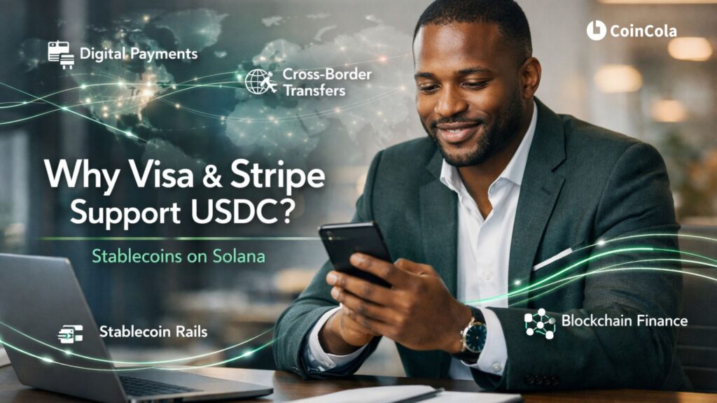 Nigerian professional using Solana USDC digital payment technology in a modern fintech-themed workspace